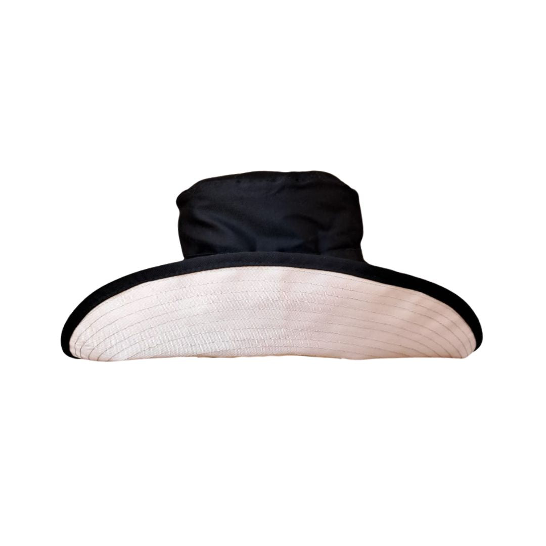 Women Ladies Black Beige Extra Cover Bucket Hat. Extra wide brim for sun protection. UPF50+ Adjustable strap. Bestselling ladies hat.