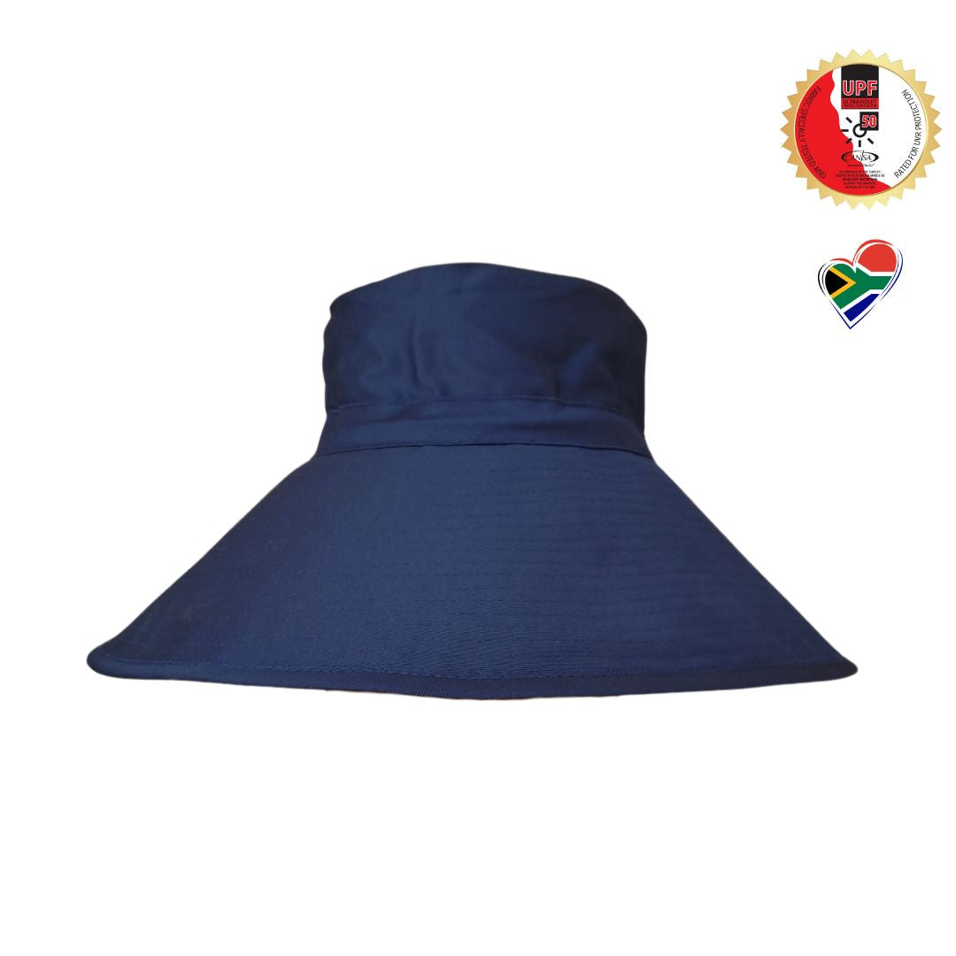 Women Ladies Navy Extra Cover Bucket Hat. Extra wide brim for sun protection. UPF50+ Adjustable strap. Bestselling ladies hat.