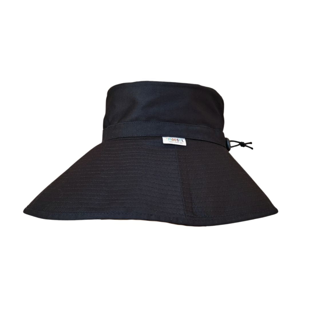 Women Ladies Black Beige Extra Cover Bucket Hat. Extra wide brim for sun protection. UPF50+ Adjustable strap. Bestselling ladies hat.
