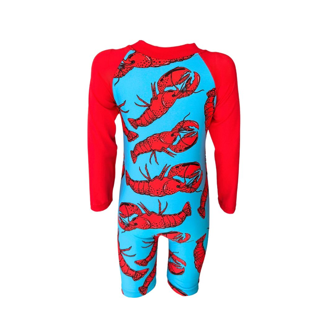 Boys blue & red Onesie in bright vibrant colours. Long sleeves, high neck cover. UPF50+ certified. Front zip. Dermatologist approved