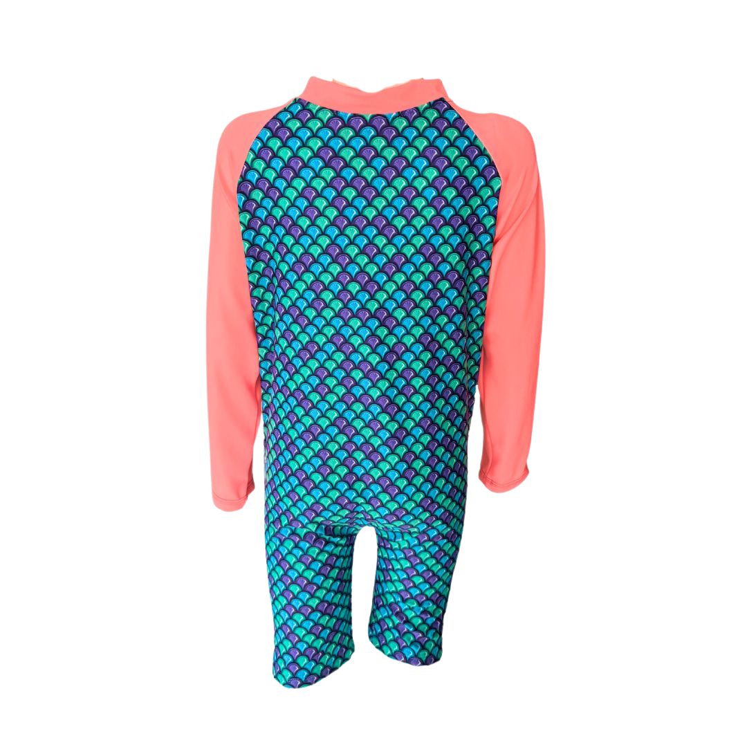 Mermaid Onesie in bright vibrant colours. Long sleeves, high neck cover. UPF50+ certified. Front zip. Dermatologist approved