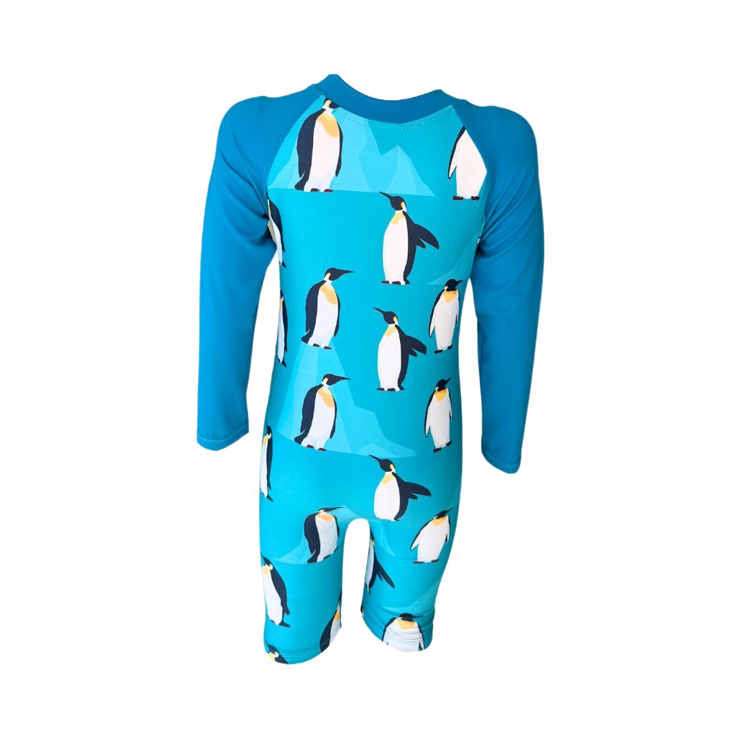 Penguins Onesie in bright vibrant colours. Long sleeves, high neck cover. UPF50+ certified. Front zip. Dermatologist approved