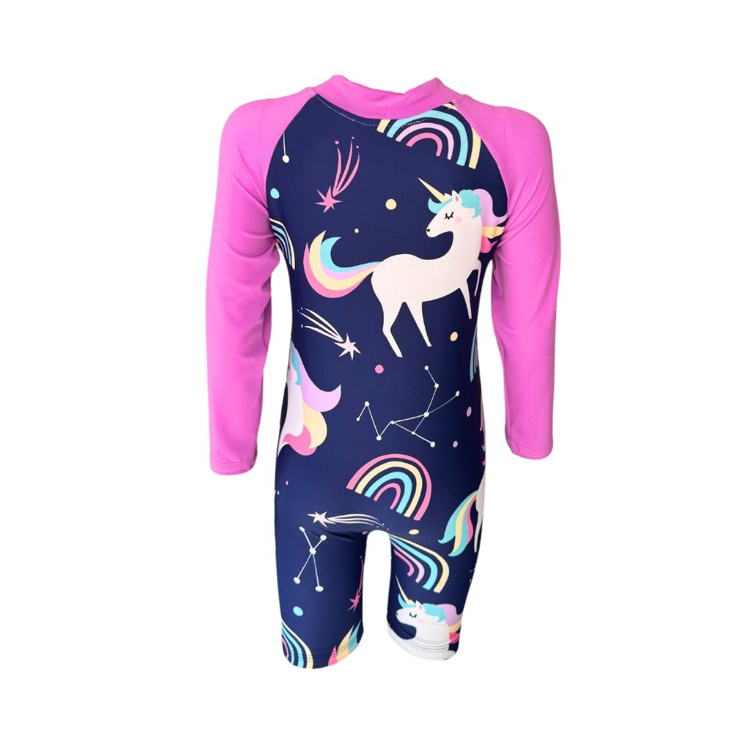 Unicorns & Rainbows Onesie in bright vibrant colours. Long sleeves, high neck cover. UPF50+ certified. Front zip. Dermatologist approved