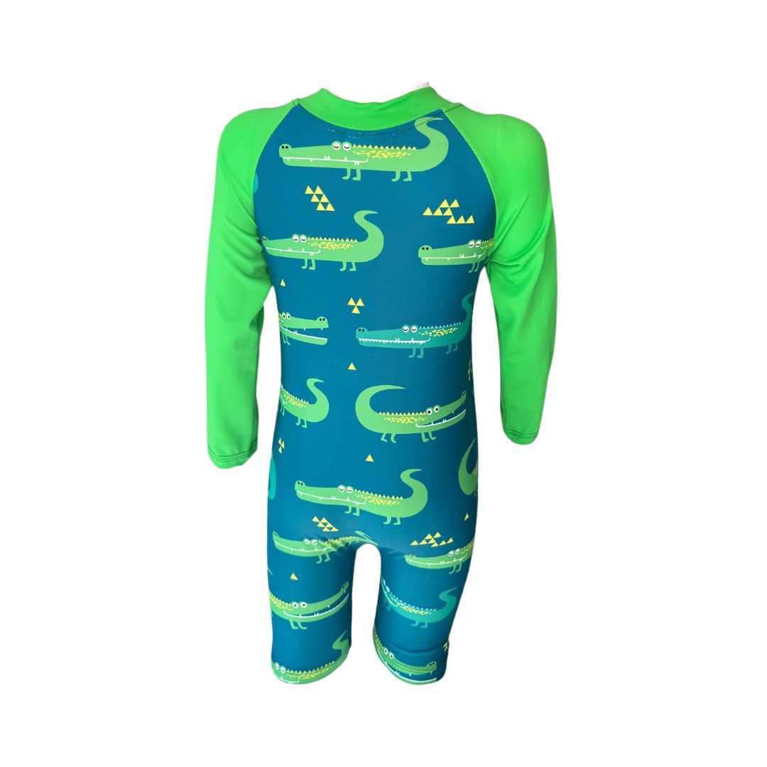 Crocodiles Onesie in bright vibrant colours. Long sleeves, high neck cover. UPF50+ certified. Front zip. Dermatologist approved
