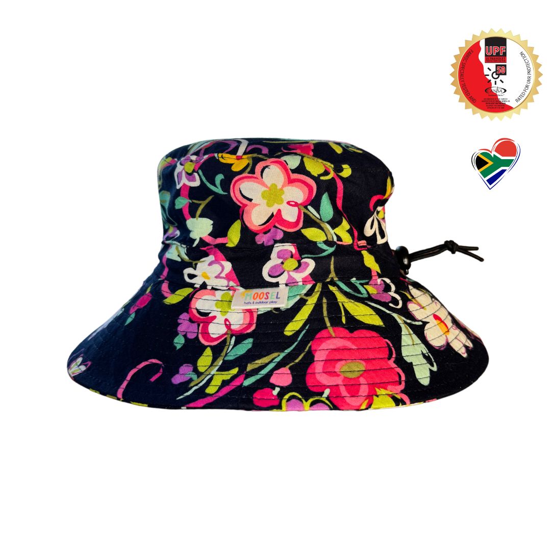 Girls Floral Flowers Print Bucket Hat. Extra wide brim for sun protection. UPF50+ Adjustable strap.