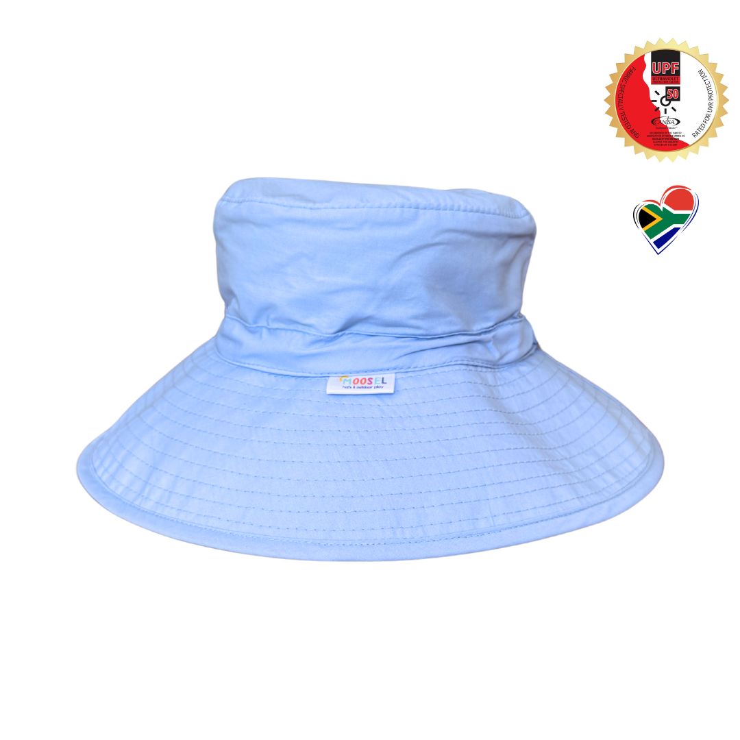 Baby Blue Bucket Hat. Extra wide brim for sun protection. UPF50+ Adjustable strap.