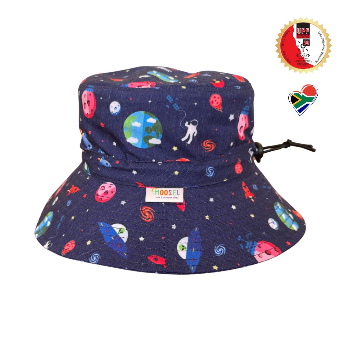 Boys Navy Space Rockets Planets Bucket Hat. Extra wide brim for sun protection. UPF50+ Adjustable strap.