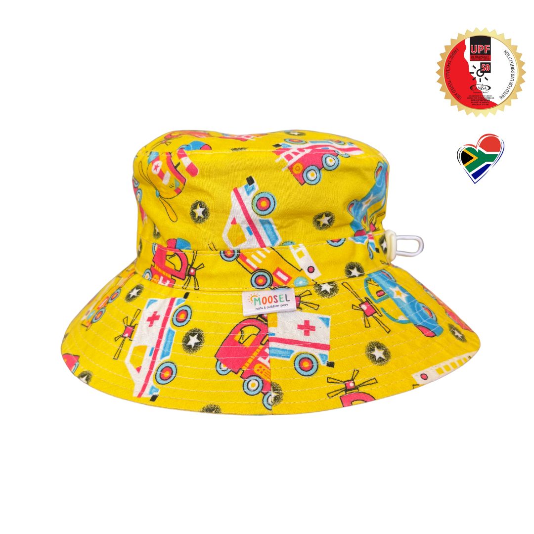 Boys Emergency Construction Vehicles Bucket Hat. Extra wide brim for sun protection. UPF50+ Adjustable strap.