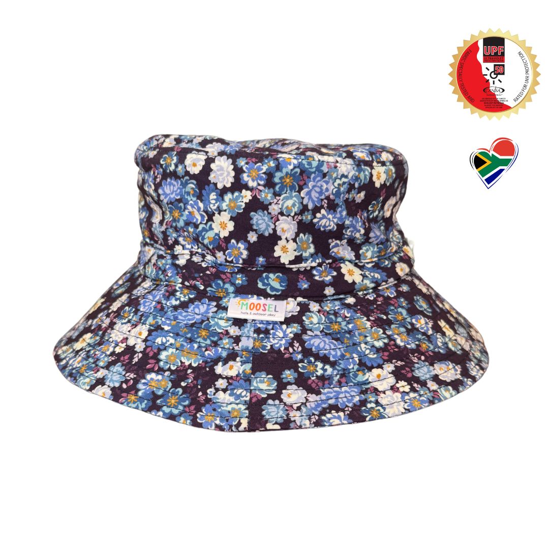 Girls Navy Floral Flowers Bucket Hat. Extra wide brim for sun protection. UPF50+ Adjustable strap.