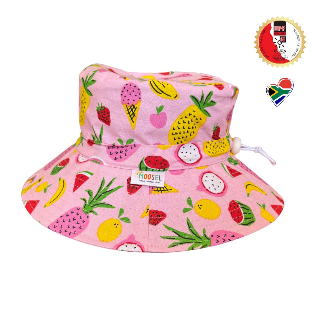 Girls Pink with tropical fruit Bucket Hat. Extra wide brim for sun protection. UPF50+ Adjustable strap.