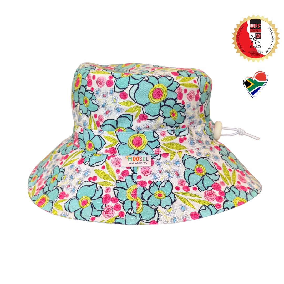 Girls Blue Pink Floral Flowers Bucket Hat. Extra wide brim for sun protection. UPF50+ Adjustable strap.