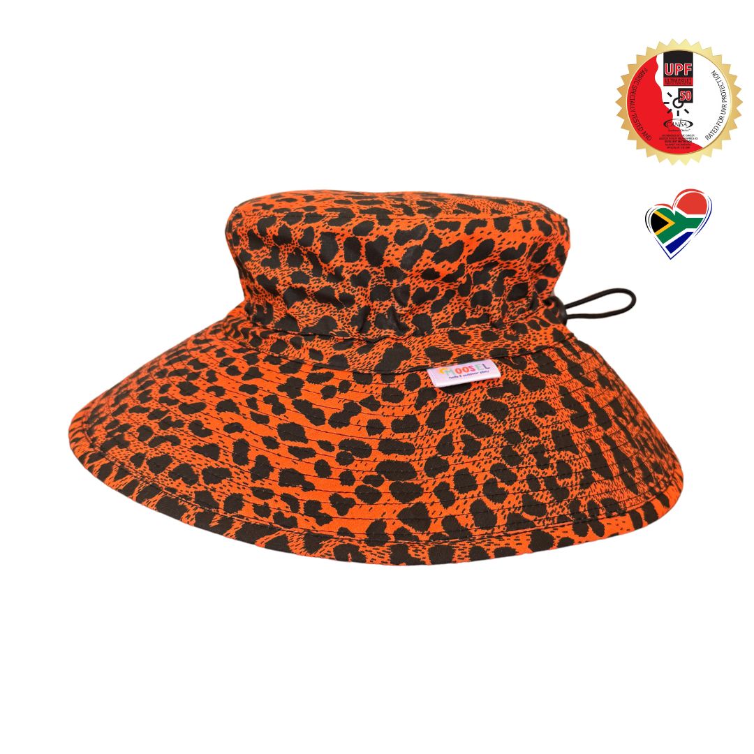 Orange Leopard Print Bucket Hat. Extra wide brim for sun protection. UPF50+ Adjustable strap.