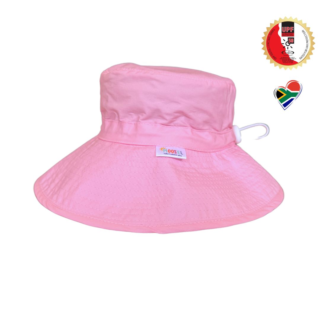 Pink Bucket Hat. Extra wide brim for sun protection. UPF50+ Adjustable strap.