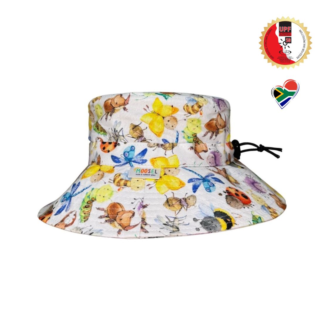 Kids Garden Bugs Print Bucket Hat. Extra wide brim for sun protection. UPF50+ Adjustable strap for windy days.