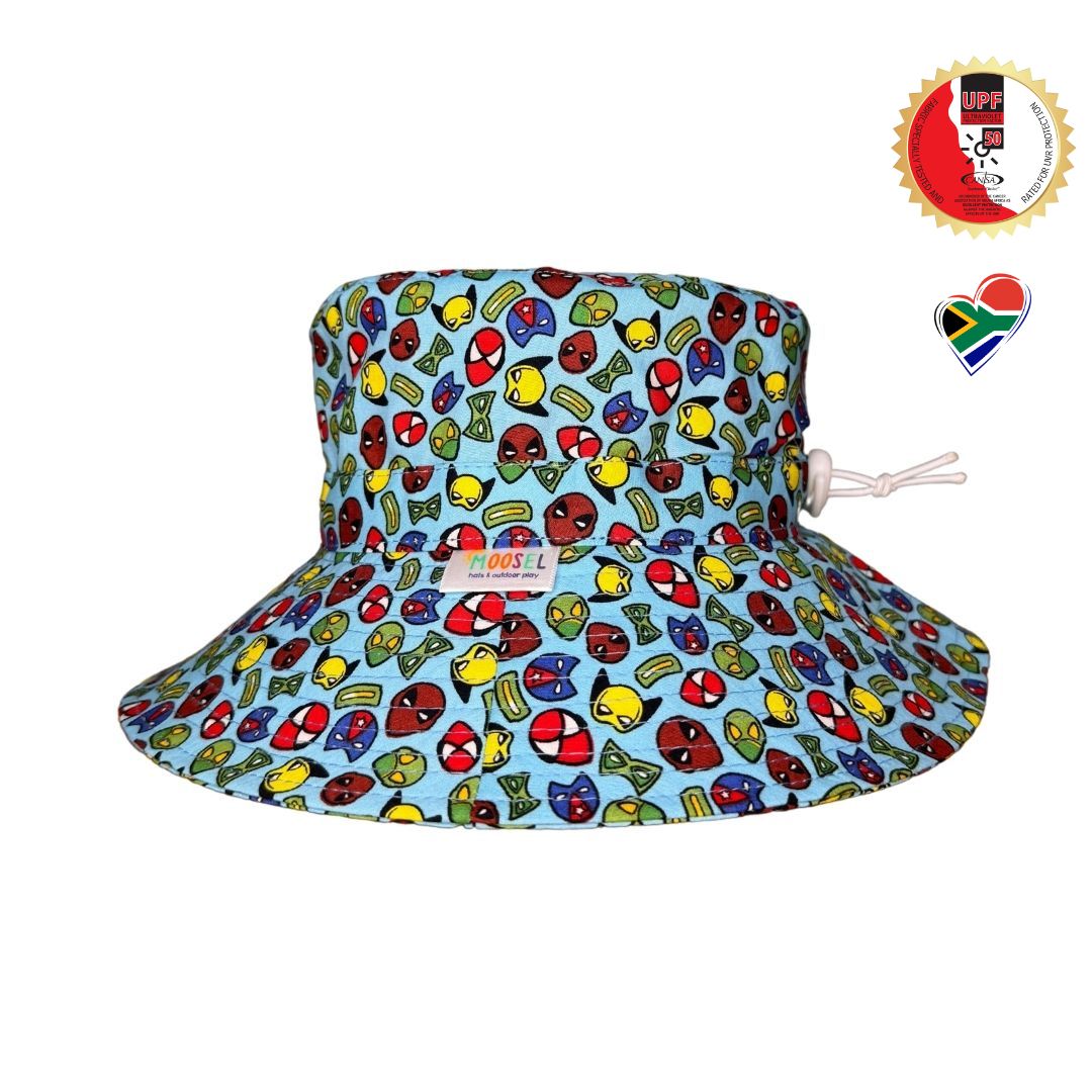Boys Superhero Faces Print Bucket Hat. Extra wide brim for sun protection. UPF50+ Adjustable strap for windy days.
