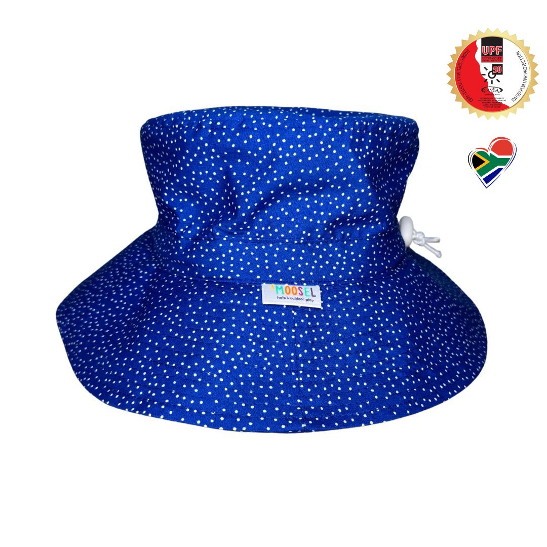 Toddler Baby Blue Bucket Hat. Extra wide brim for sun protection. UPF50+ Adjustable strap for windy days.