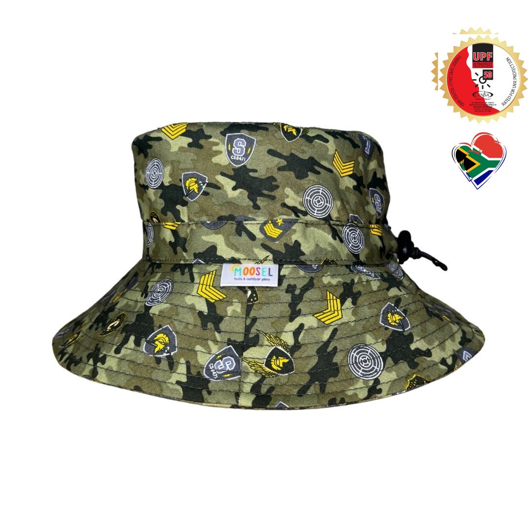 Green Camouflage Print Bucket Hat. Extra wide brim for sun protection. UPF50+ Adjustable strap for windy days.