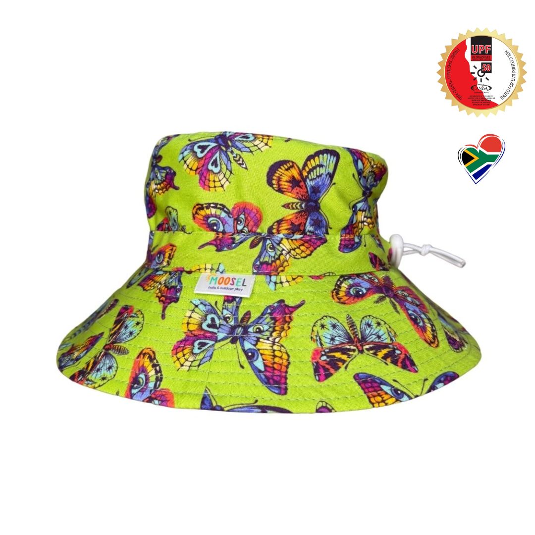 Girls Butterfly Butterflies Print Bucket Hat. Extra wide brim for sun protection. UPF50+ Adjustable strap for windy days.