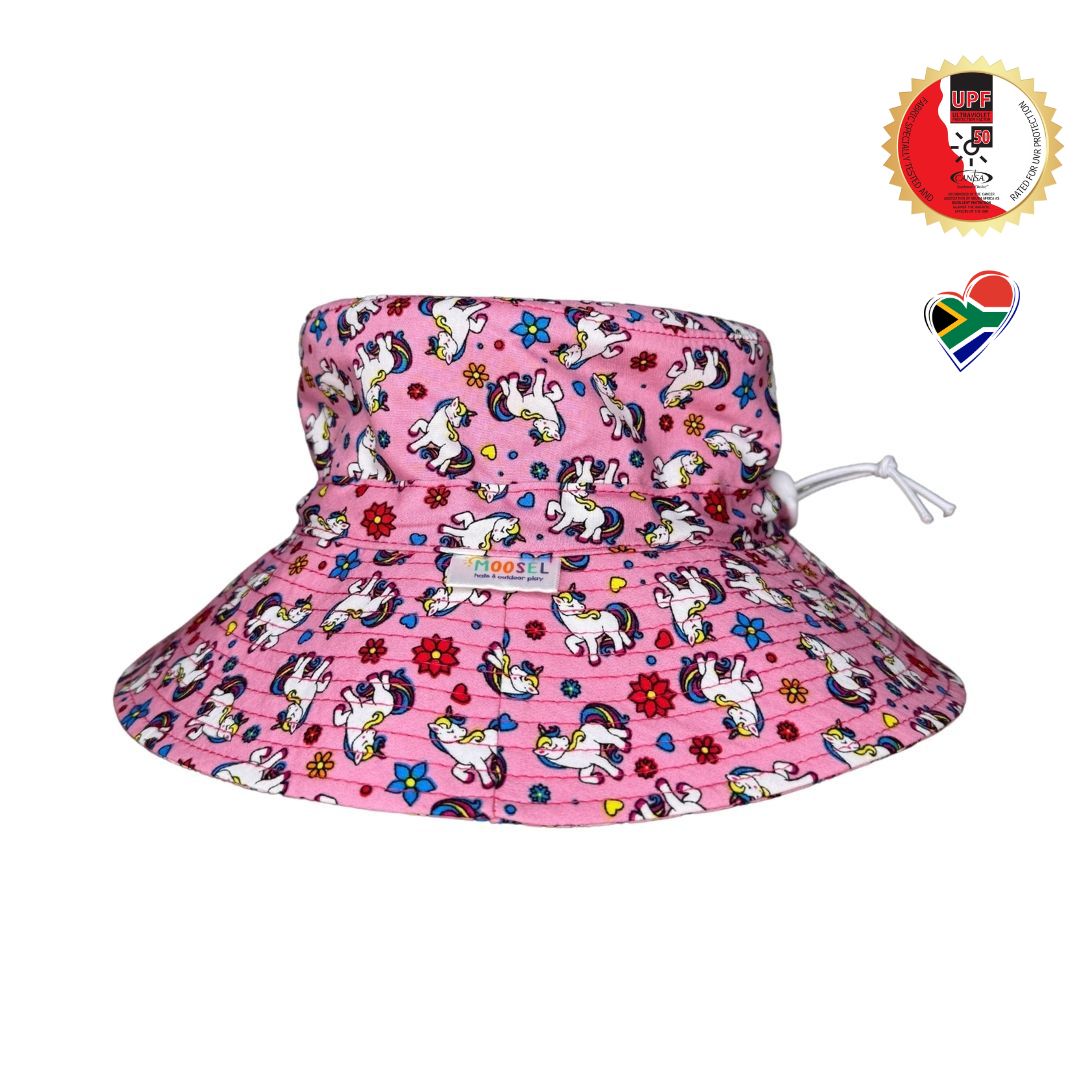 Girls Pink Unicorns Print Bucket Hat. Extra wide brim for sun protection. UPF50+ Adjustable strap for windy days.