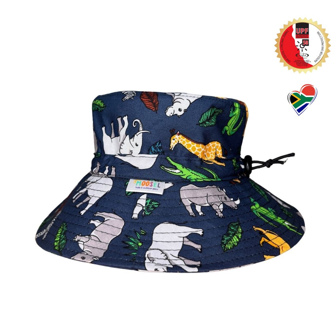 Navy Fabric with Safari Animals Print Bucket Hat. Extra wide brim for sun protection. UPF50+ Adjustable strap for windy days.