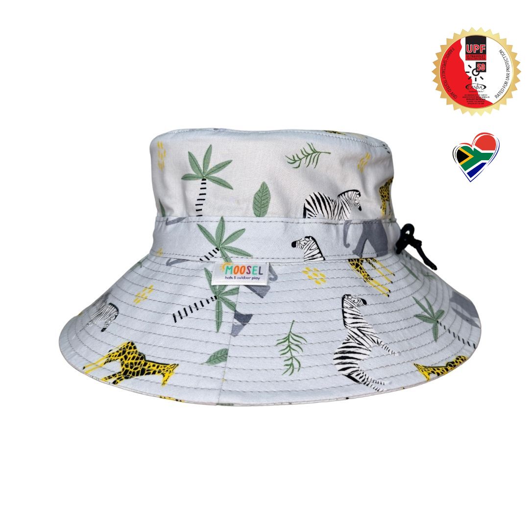 Grey Fabric with Safari Animals Printed Bucket Hat. Extra wide brim for sun protection. UPF50+ Adjustable strap for windy days.