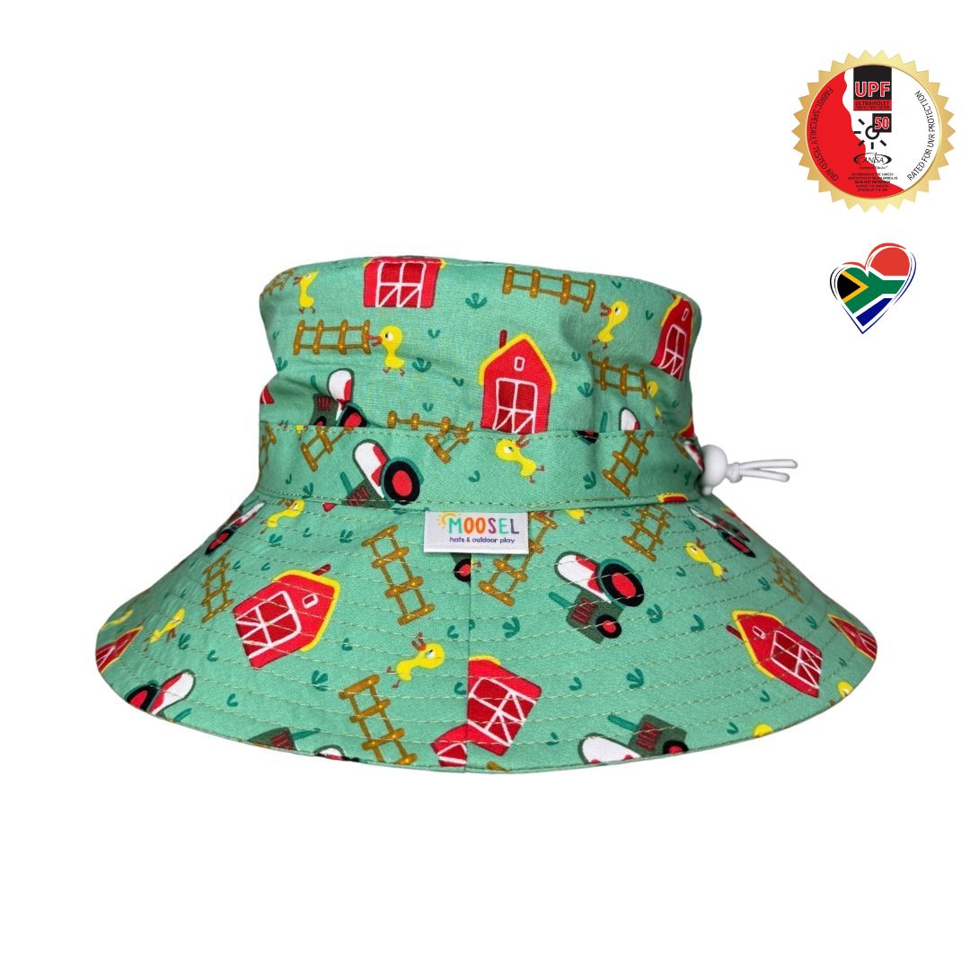 Green Fabric farm tractors Print Bucket Hat. Extra wide brim for sun protection. UPF50+ Adjustable strap for windy days.