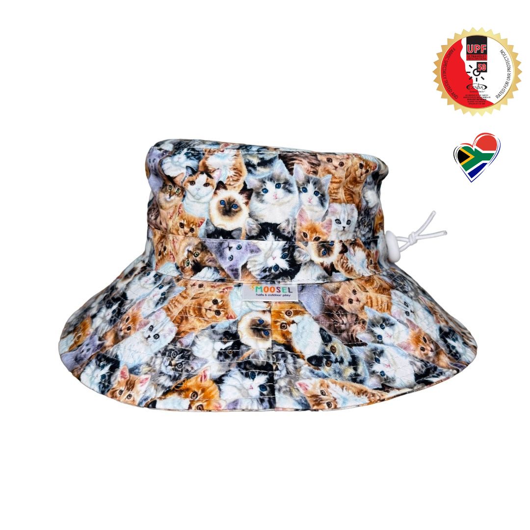Cats Faces Kitty Meow Print Bucket Hat. Extra wide brim for sun protection. UPF50+ Adjustable strap.