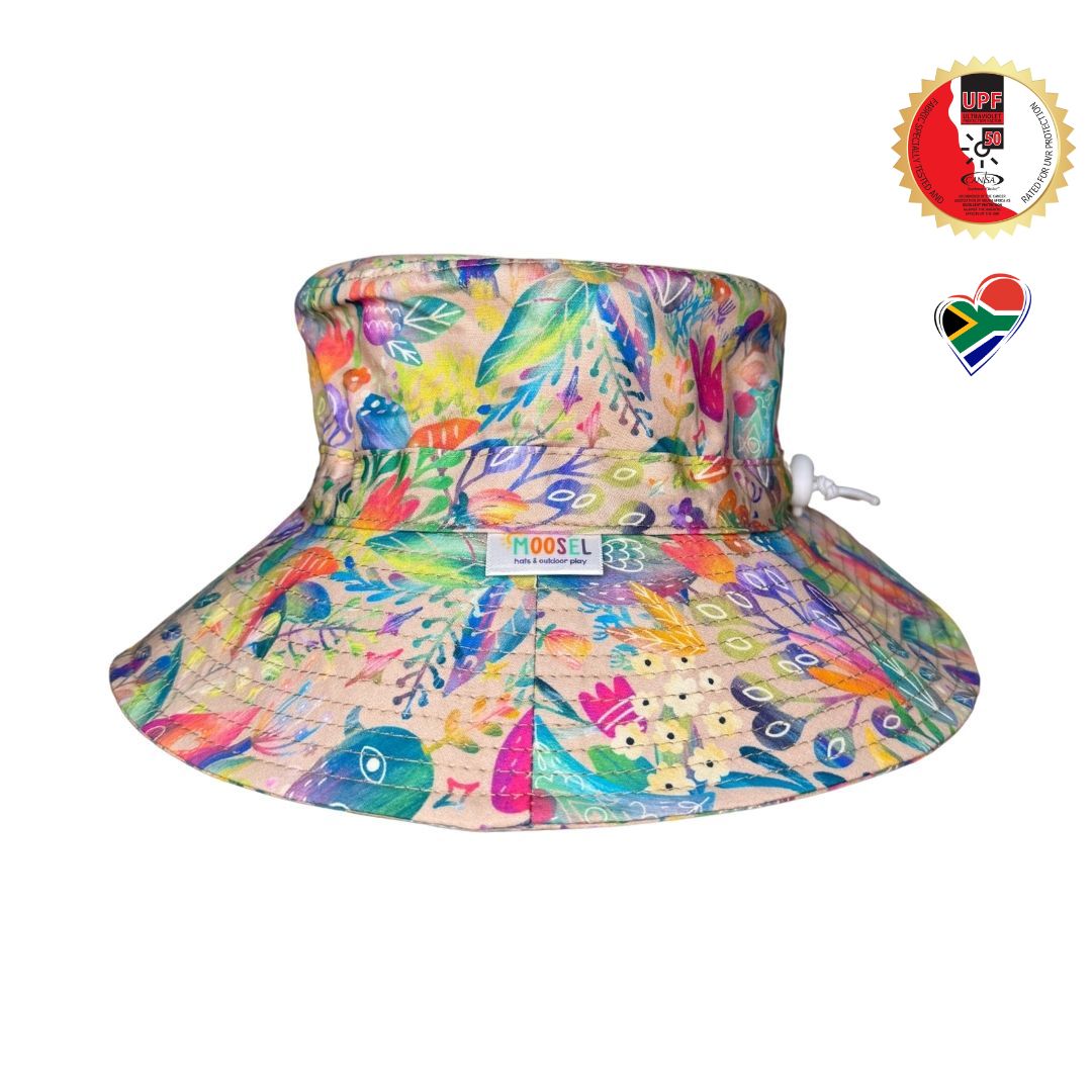 Girls Fairy Garden Print Bucket Hat. Extra wide brim for sun protection. UPF50+ Adjustable strap for windy days.