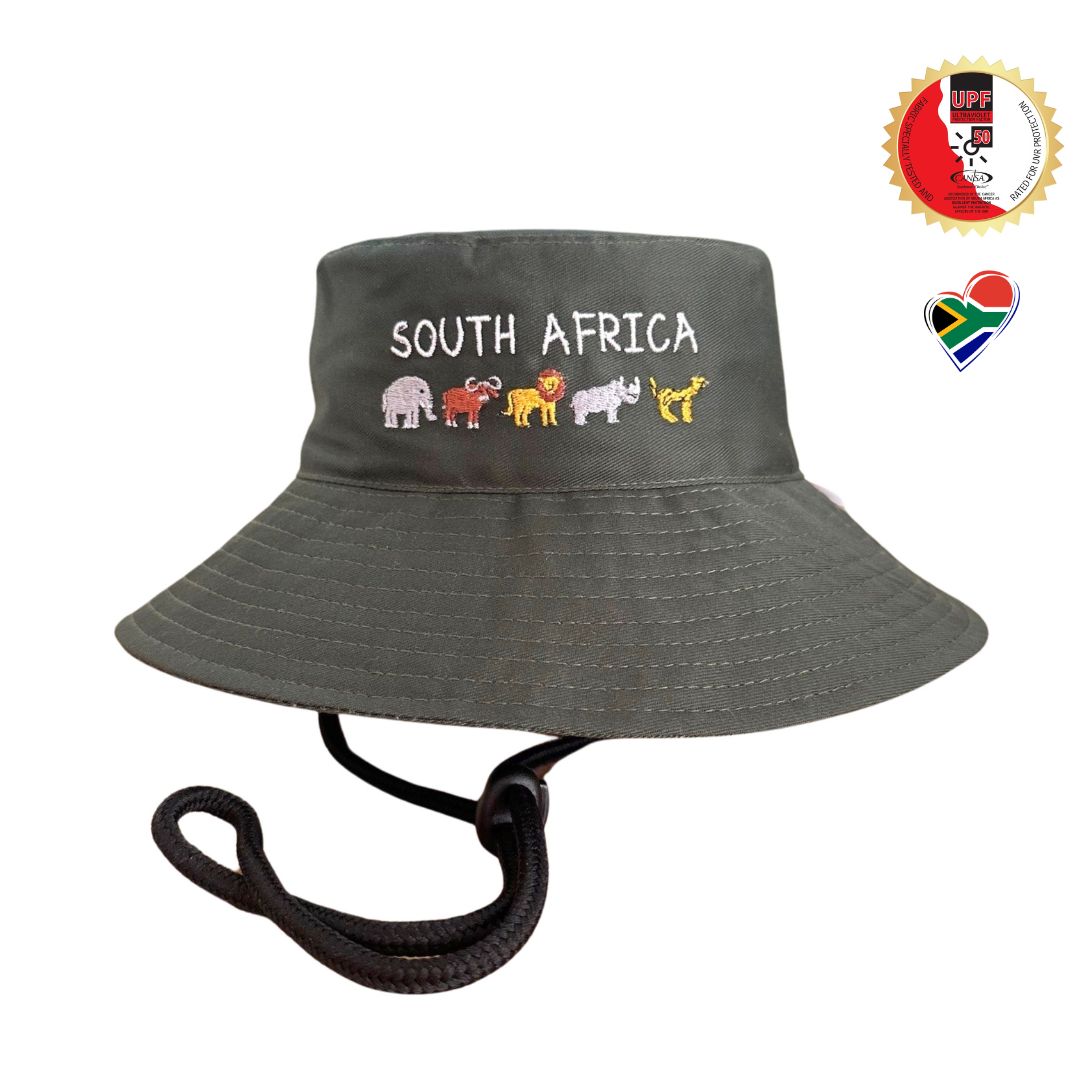 Kids Khaki Green South Africa Big five 5 animals Bucket Hat. Extra wide brim for sun protection. UPF50+ Adjustable strap.