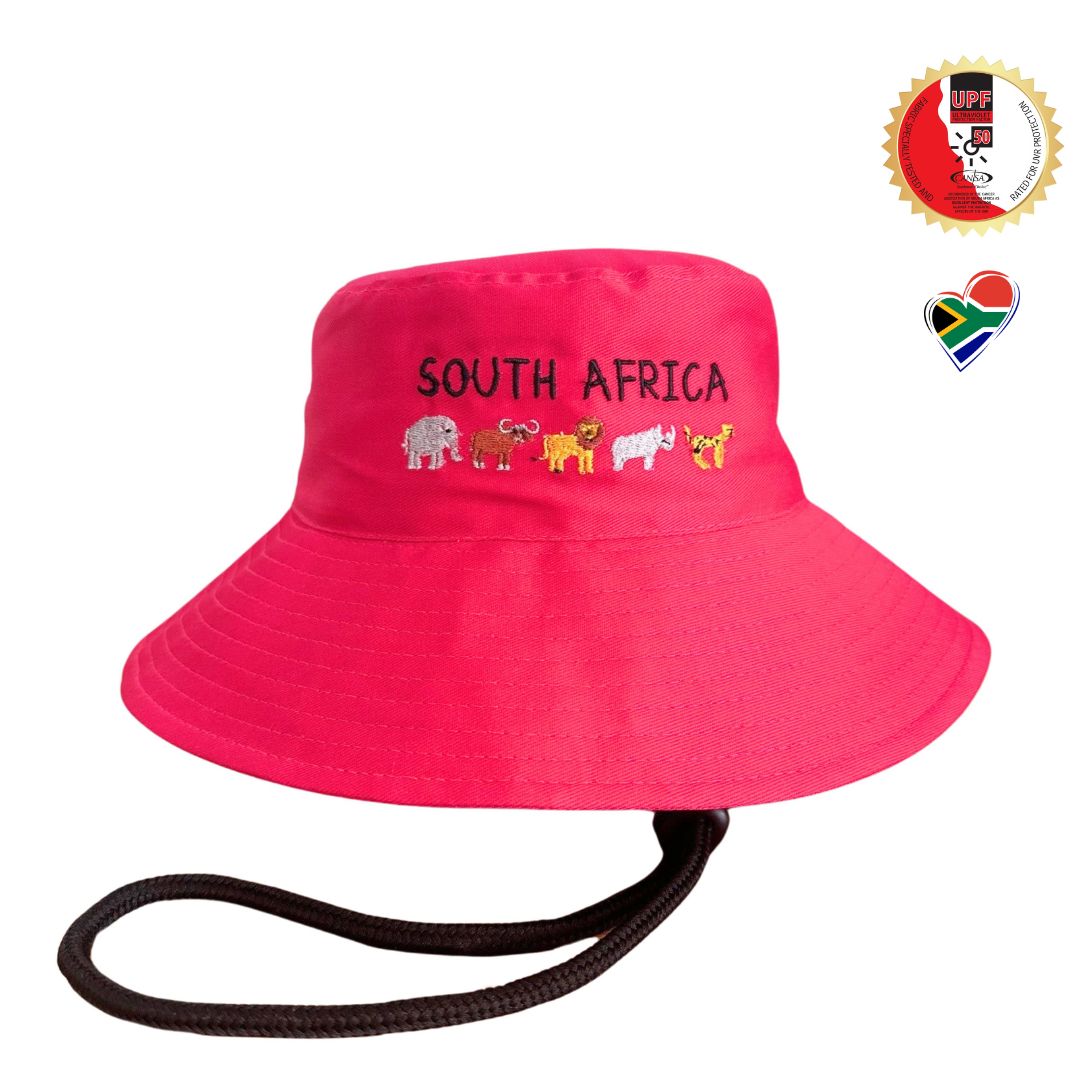 Kids Pink South Africa Big five 5 animals Bucket Hat. Extra wide brim for sun protection. UPF50+ Adjustable strap.
