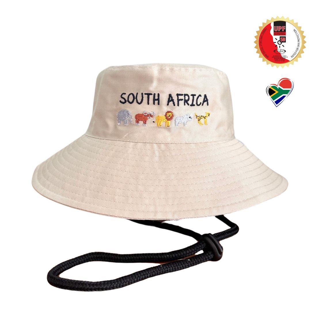 Kids Beige South Africa Big five 5 animals Bucket Hat. Extra wide brim for sun protection. UPF50+ Adjustable strap.
