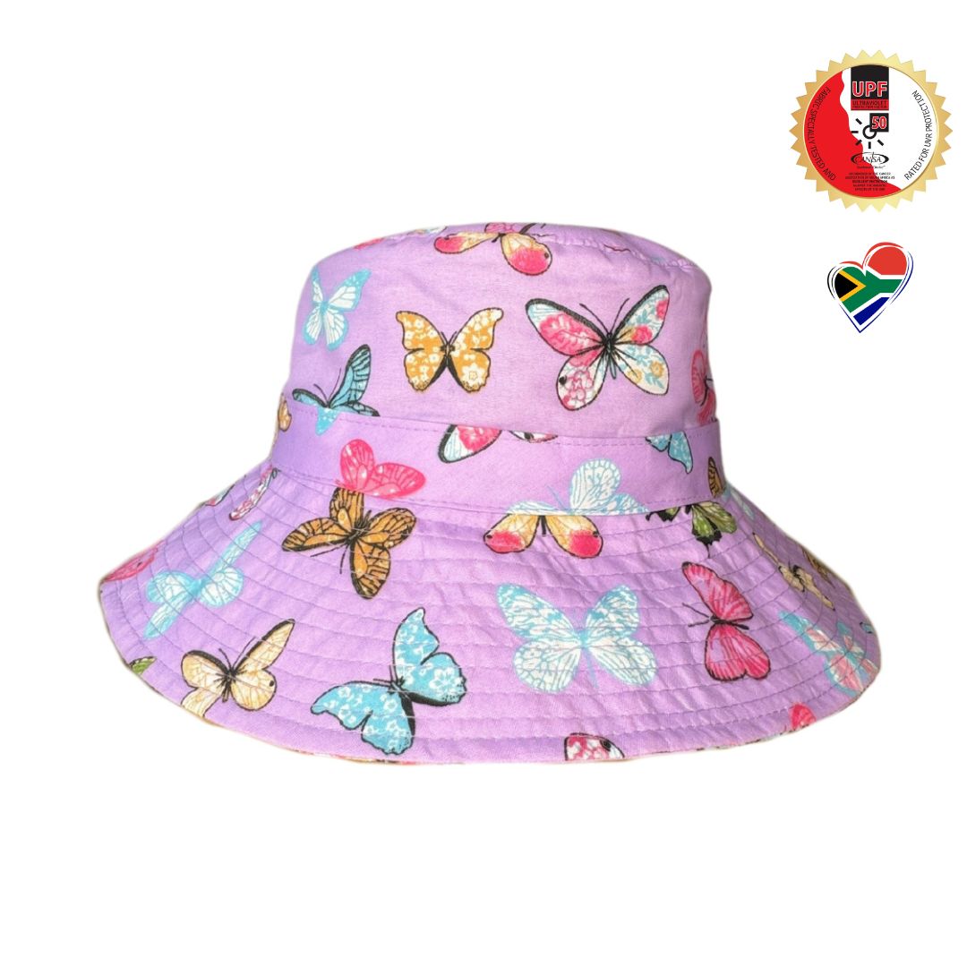 Girls Yellow and Butterflies Butterfly Bucket Hat. Extra wide brim for sun protection. UPF50+ Adjustable strap.