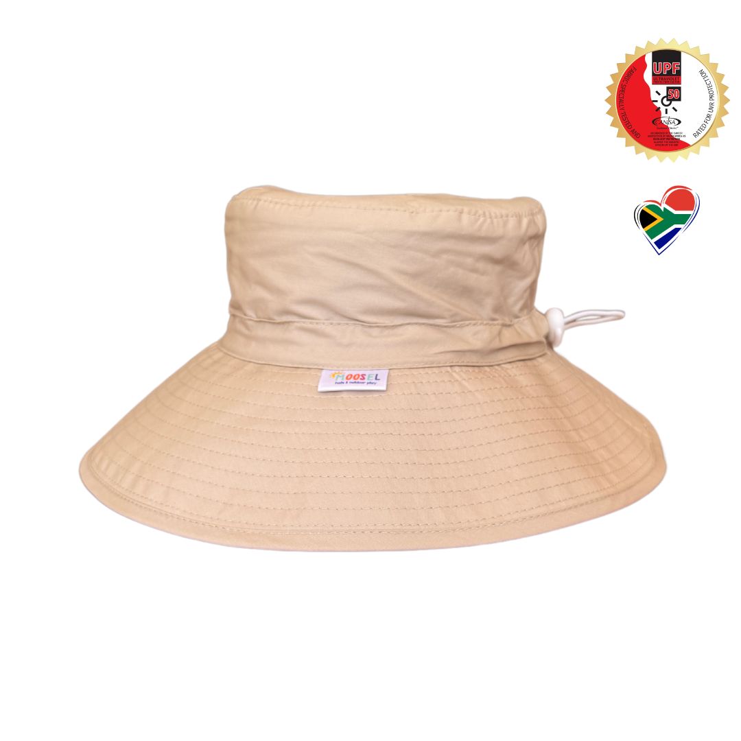 Beige Bucket Hat. Extra wide brim for sun protection. UPF50+ Adjustable strap.