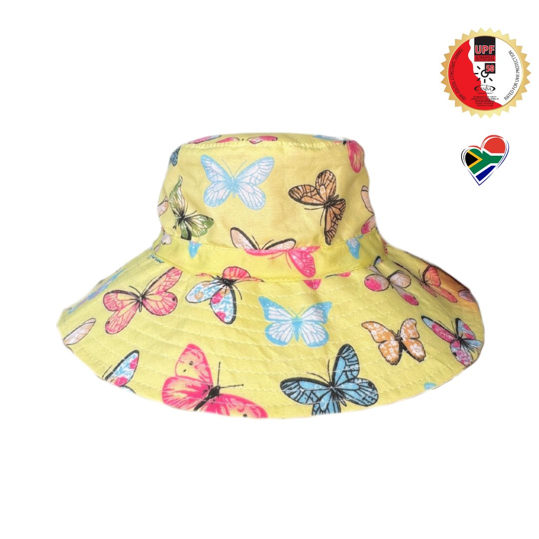 Girls Yellow and Butterflies Butterfly Bucket Hat. Extra wide brim for sun protection. UPF50+ Adjustable strap.