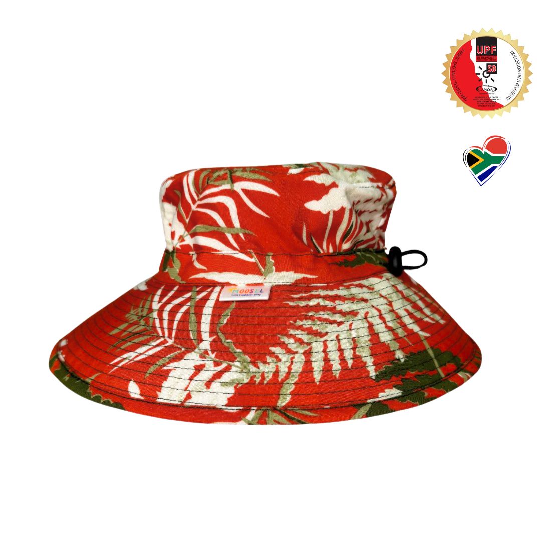 Orange Green Floral Bucket Hat. Extra wide brim for sun protection. UPF50+ Adjustable strap.