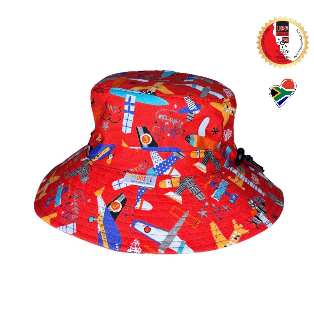 Boys Red Planes Sky Bucket Hat. Extra wide brim for sun protection. UPF50+ Adjustable strap.