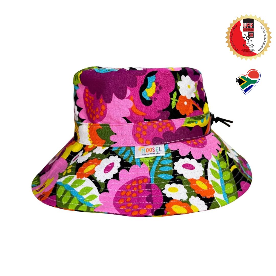 Girls Bright Floral Flowers Print Bucket Hat. Extra wide brim for sun protection. UPF50+ Adjustable strap.