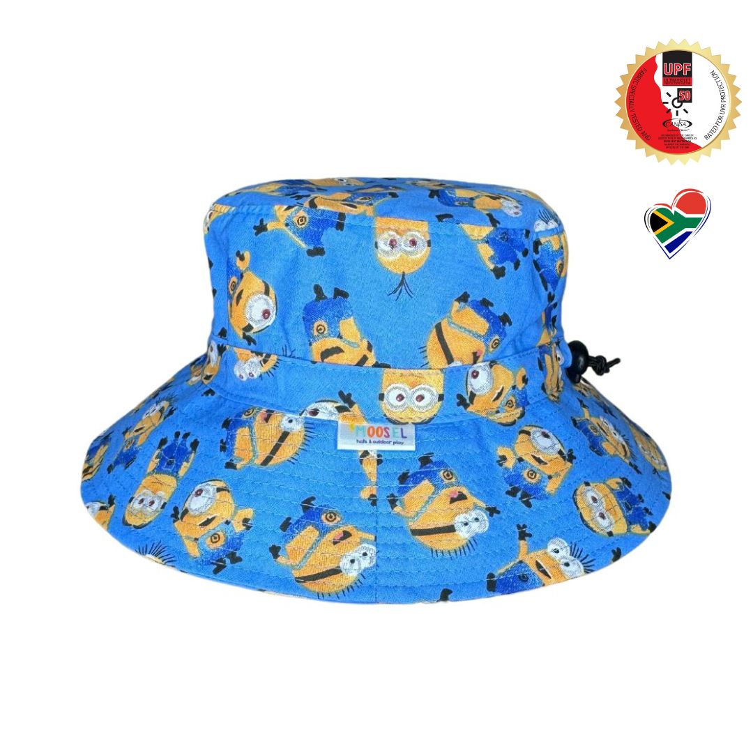 Boys Minions Bucket Hat. Extra wide brim for sun protection. UPF50+ Adjustable strap.