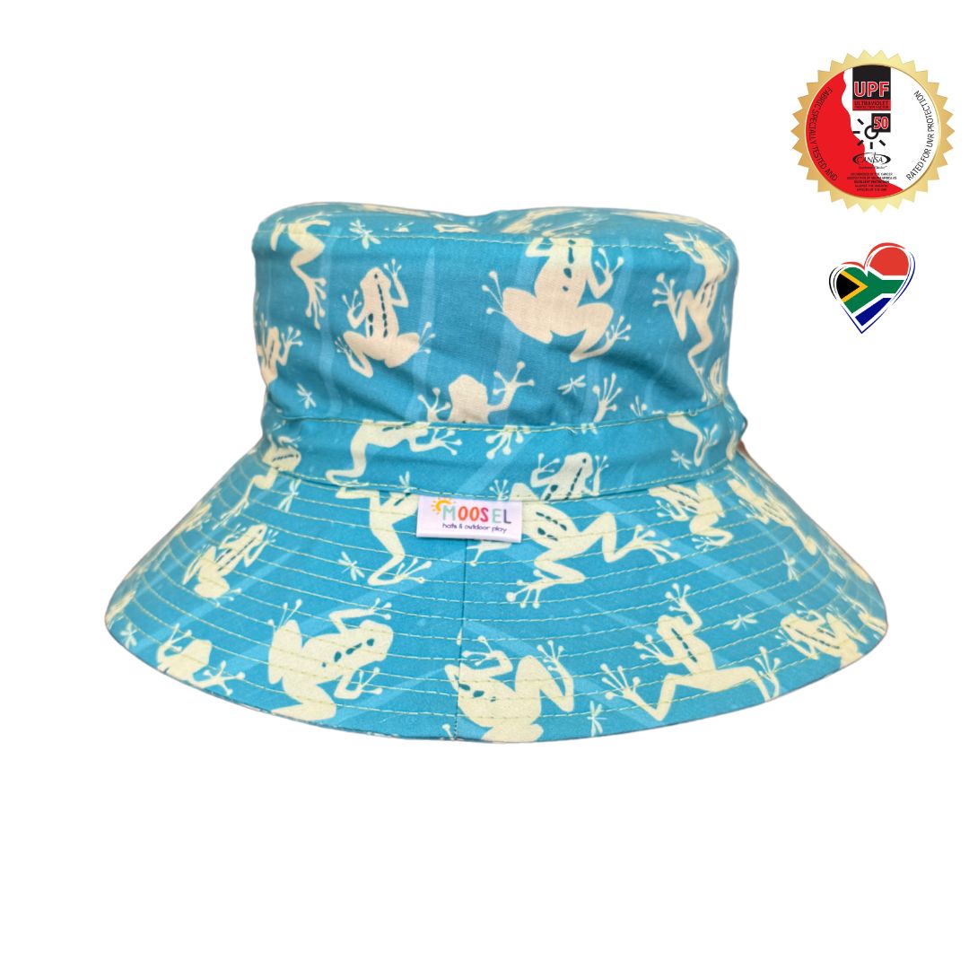 Kids Frogs Print Bucket Hat. Extra wide brim for sun protection. UPF50+ Adjustable strap.