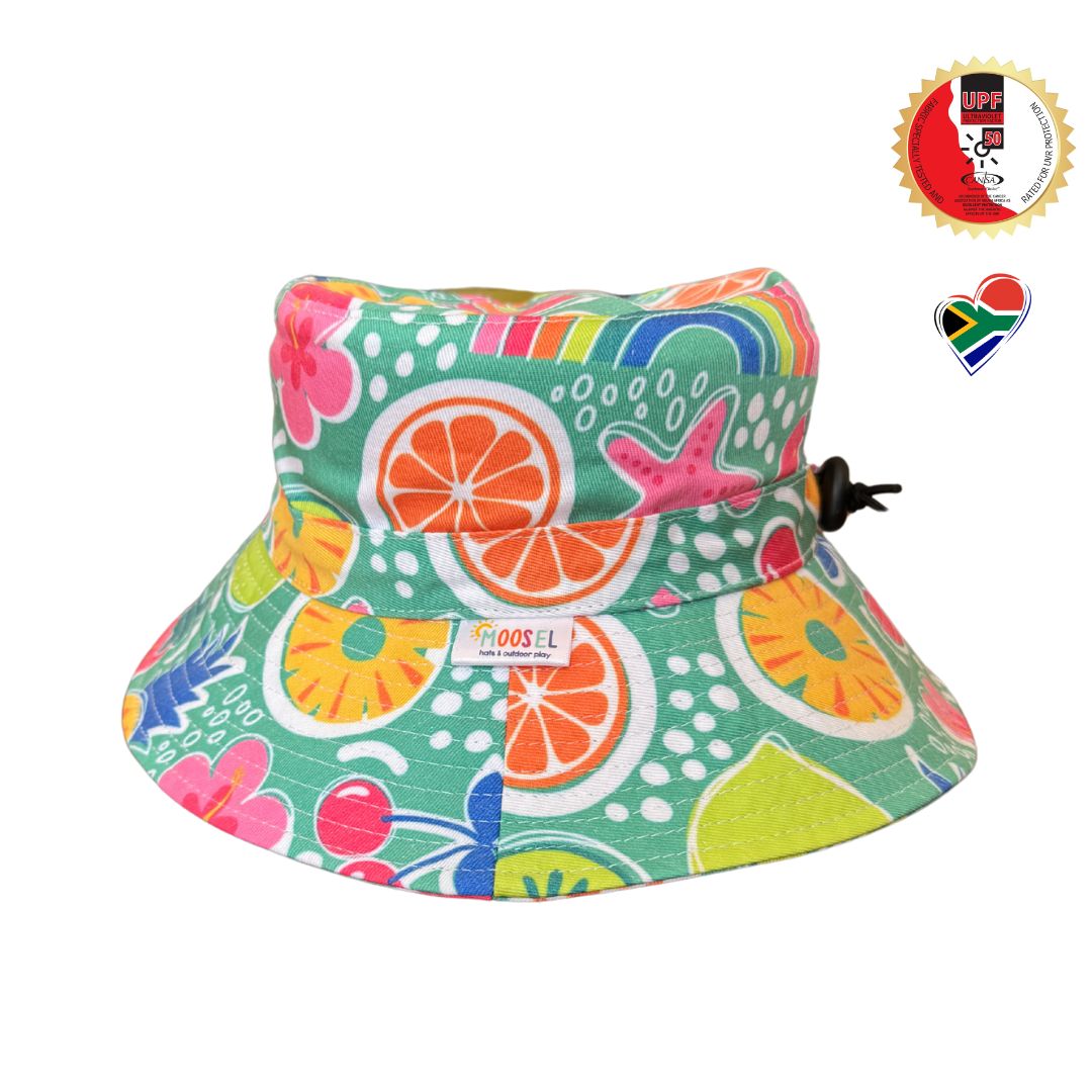Girls Bright Tropical Fruit Summer Bucket Hat. Extra wide brim for sun protection. UPF50+ Adjustable strap.