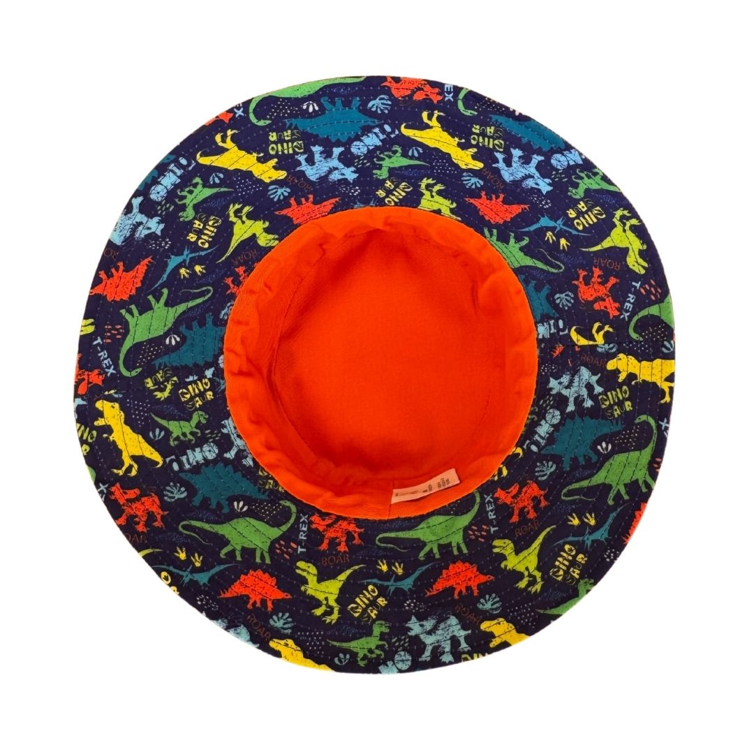 Boys Dinosaurs Print Bucket Hat. Extra wide brim for sun protection. UPF50+ Adjustable strap. Bestselling kids hat.