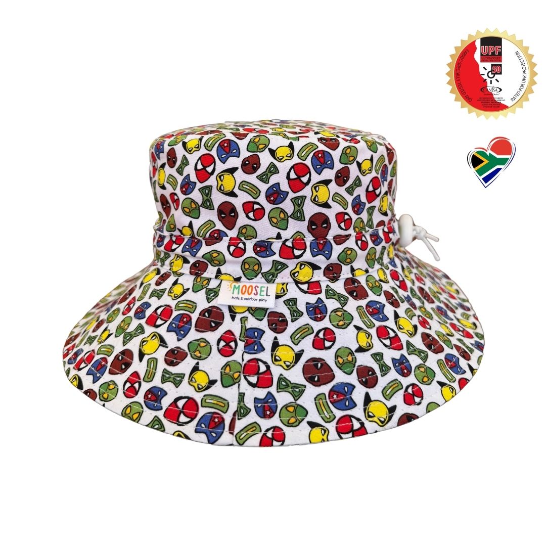 Boys Superhero faces Bucket Hat. Extra wide brim for sun protection. UPF50+ Adjustable strap.
