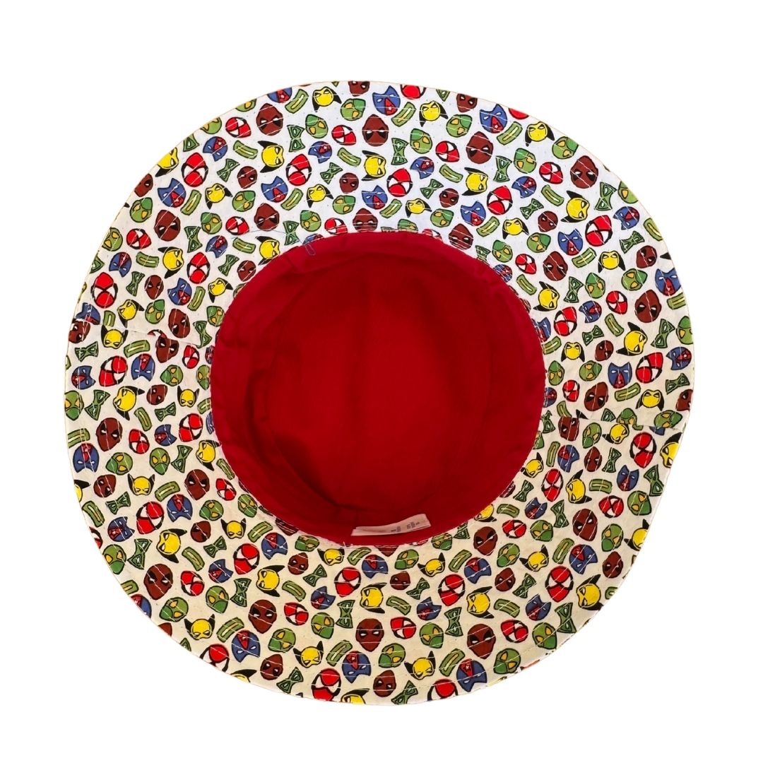 Boys Superhero faces Bucket Hat. Extra wide brim for sun protection. UPF50+ Adjustable strap.