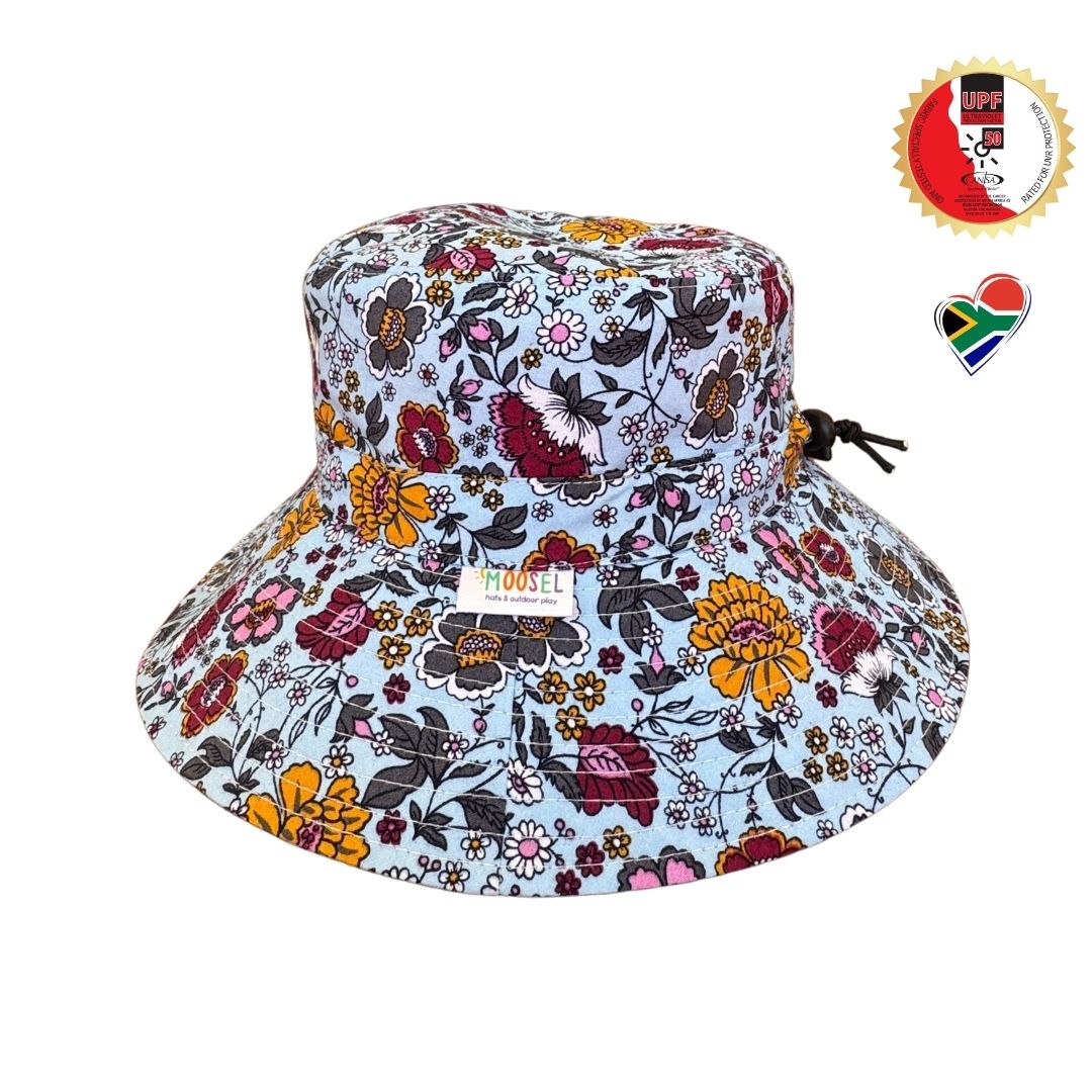 Girls Purple and Baby Blue Floral Bucket Hat - 7cm Brim, Cotton Blend