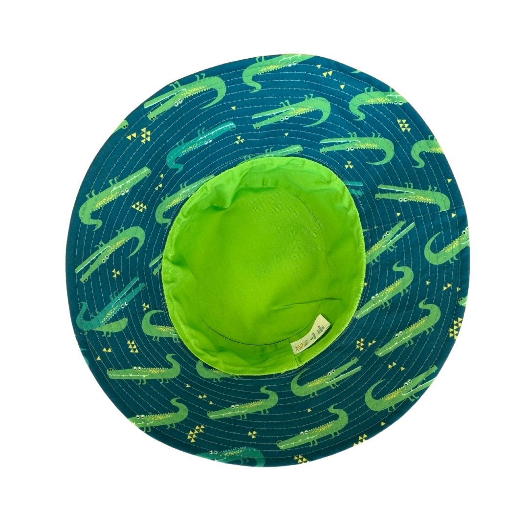 Boys Green Crocodiles Bucket Hat. Extra wide brim for sun protection. UPF50+ Adjustable strap.