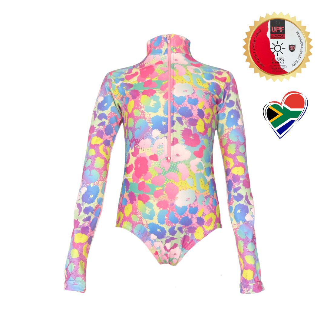 Girls Toddler Leopard Print Swimming Costume. Bathing Suit. Long sleeves, high neck cover. UPF50+ certified. Front zip. Dermatologist approved