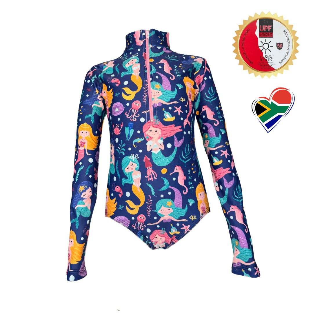 Girls Toddler Mermaids Swimming Costume. Bathing Suit. Long sleeves, high neck cover. UPF50+ certified. Front zip. Dermatologist approved