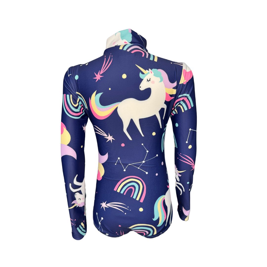 Girls Toddler Uncorns Swimming Costume. Bathing Suit. Long sleeves, high neck cover. UPF50+ certified. Front zip. Dermatologist approved