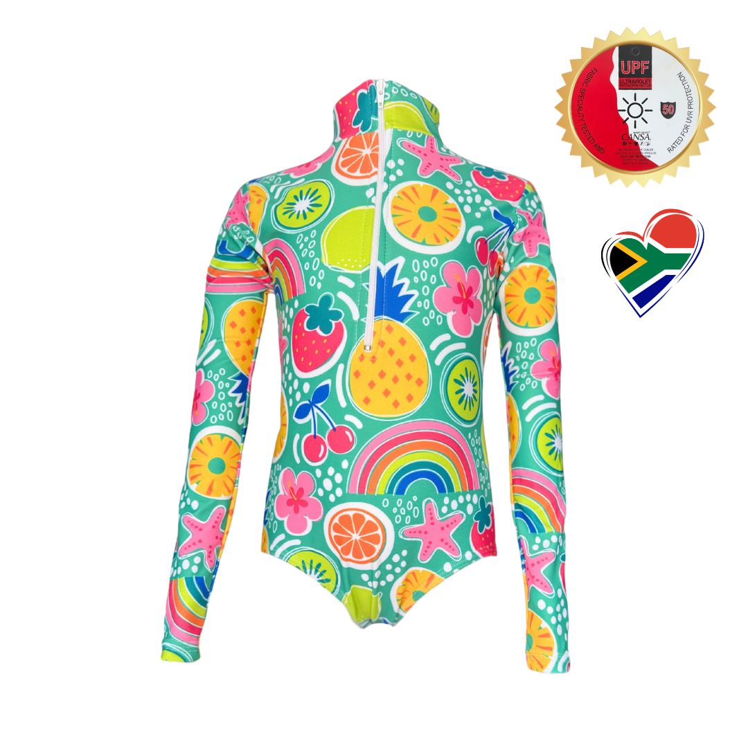 Girls Toddler Pink Summer Fruit Swimming Costume. Bathing Suit. Long sleeves, high neck cover. UPF50+ certified. Front zip. Dermatologist approved