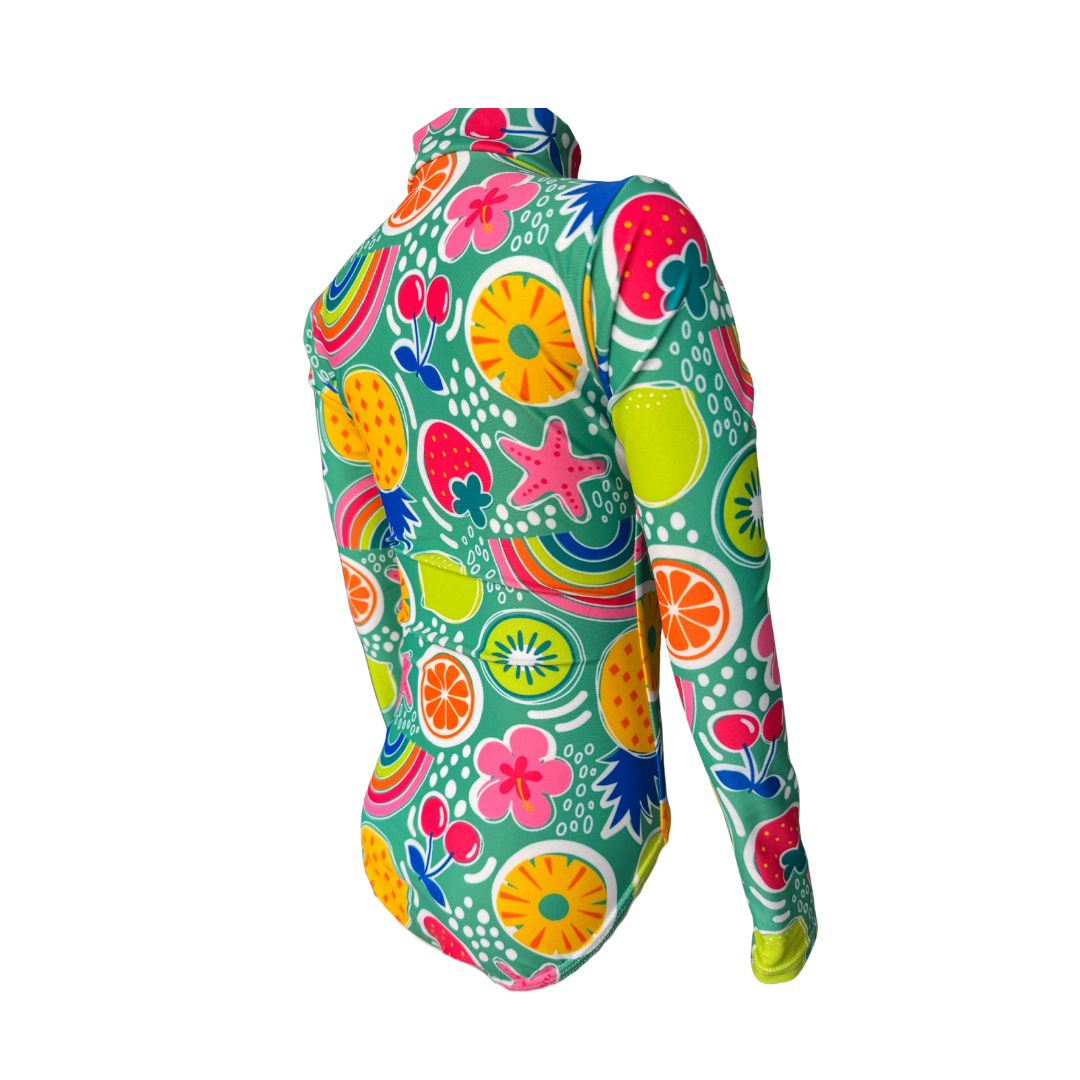 Girls Toddler Pink Summer Fruit Swimming Costume. Bathing Suit. Long sleeves, high neck cover. UPF50+ certified. Front zip. Dermatologist approved